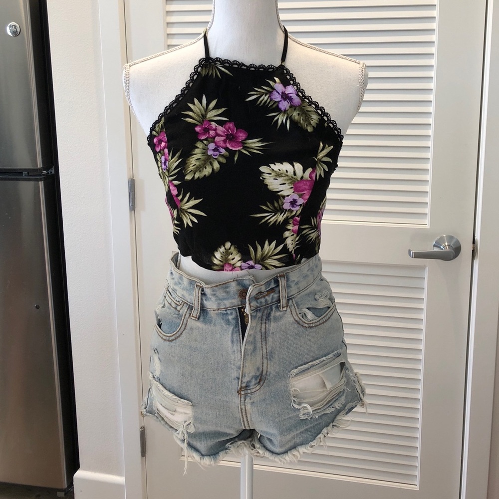 New black floral halter top